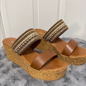 Tan and Cream Wedge Sandals with Cork Sole